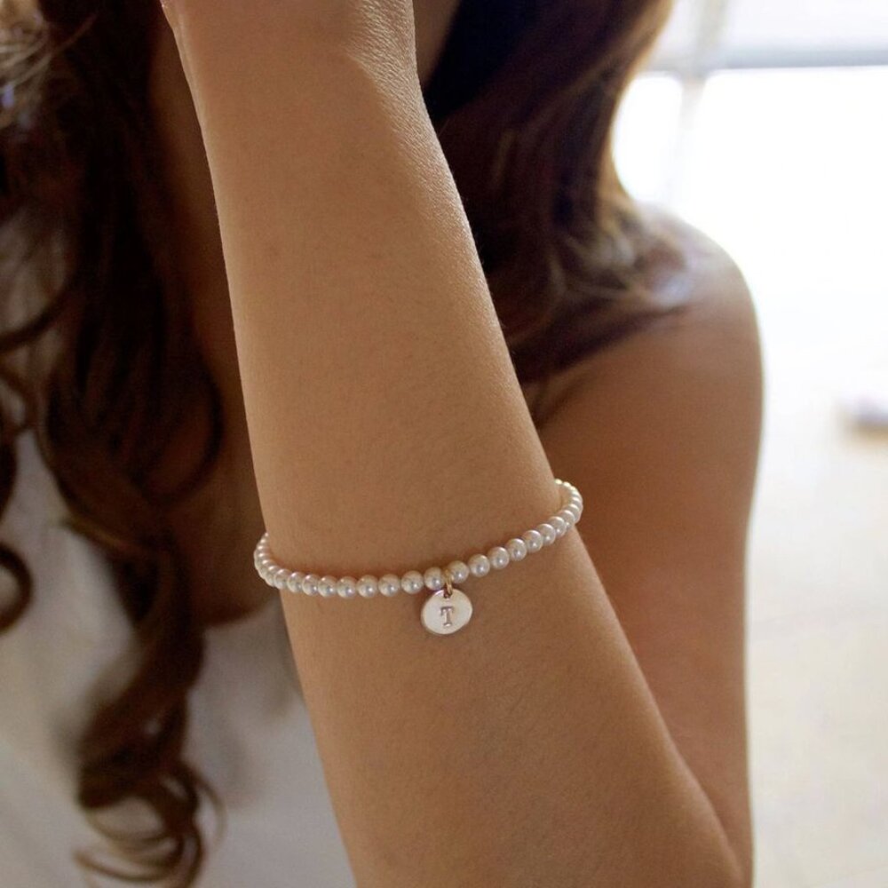 White Beaded Pearl Bracelet - Letter C